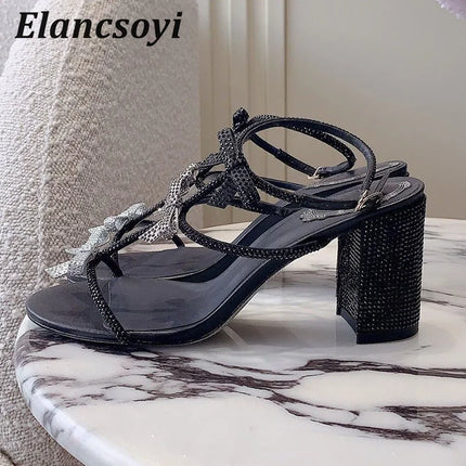 Chunky Heels Sandals Women's Shiny Rhinestone Bow-knot Open Toe Ankle Strap Sandalias Summer Fashion Party Wedding High Heels