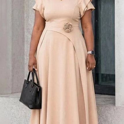 Mlaiscsr Women V Neck Ruffle Sleeve Elegant Work A-Line Midi Dresses Formal Flowy Midi Dress with Flower Waist Detail Church