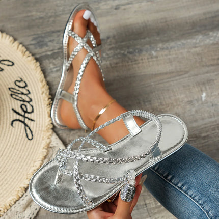 2026 New Fashion Women's Braided Flat Sandals Casual Clip Toe Summer Shoes Lightweight Elastic Band Sandals Gold Silver Footwear