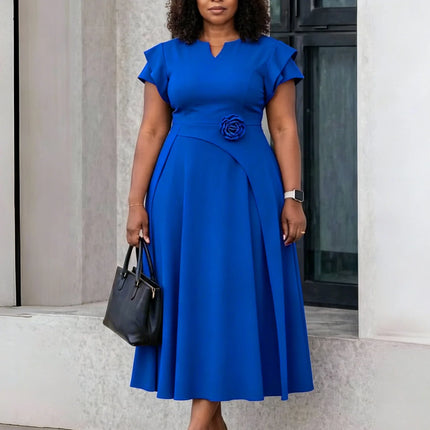 Elegant Dresses for Women 2026 V Neck Short Sleeve High Waisted Floral Decorate Pleated Mid Calf Birthday Party Dinner Vestidos