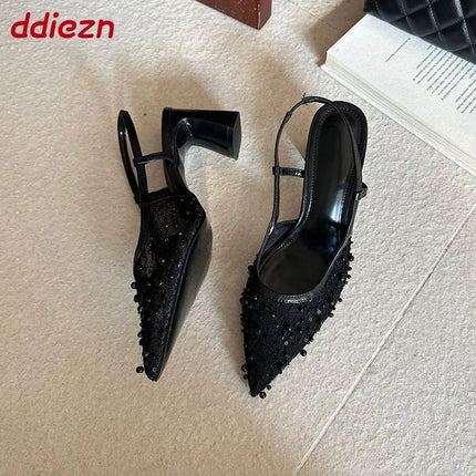 2026 New Fashion String Bead Women Square Heels Sandals Pointed Toe Pumps Slip On Dress Ladies High Heels Sandals Mules Shoes