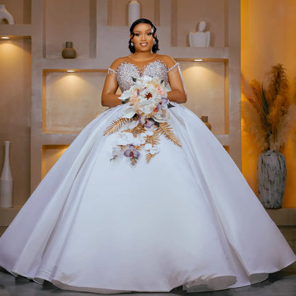 Customized Plus Size Wedding Dresses For Bride Detachable Train Mermaid Ball Gown Sheer Neck Short Sleeves Beaded Bridal Gowns