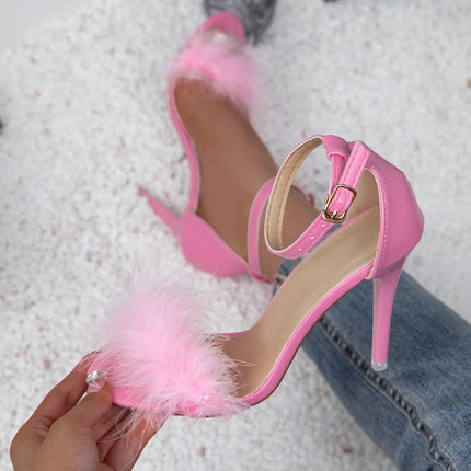 Sexy Feather High Heels Women Summer Sandals Fluffy Peep Toe Stilettos Party Pumps Fur Feather Lady Wedding Shoes Large Size
