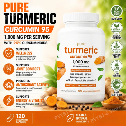 Turmeric Curcumin 95 Capsules 1000mg with Ginger Black Pepper Extract Vitamin C Joint Comfort Antioxidant Support 120 Count