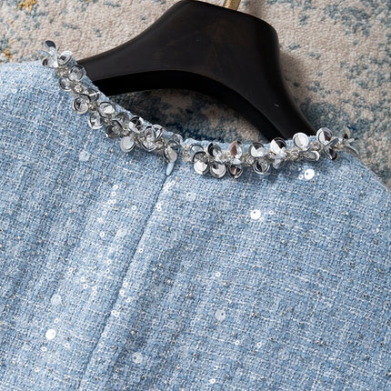 Classic Vintage Blue Sequin Beaded Tweed Sleeveless Mini Dress for Women Fall Party Cocktail Chic Elegant Trendy Casual Fashion