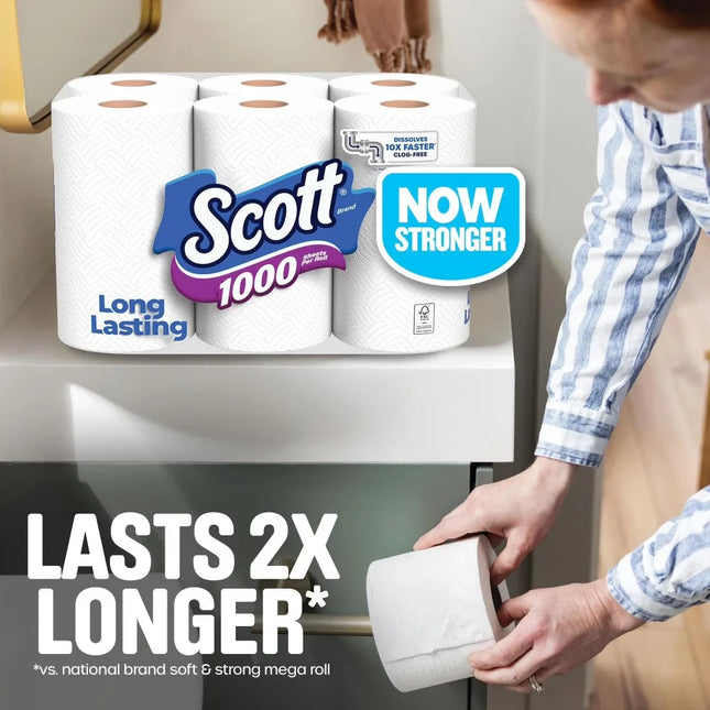 1000 Toilet Paper, 12 Rolls, 1000 Sheets per Roll, Soft Bath Tissue, 1-Ply, Bulk Pack, Jumbo Roll, Long Lasting, Quick Dissolve, RV Septic Safe