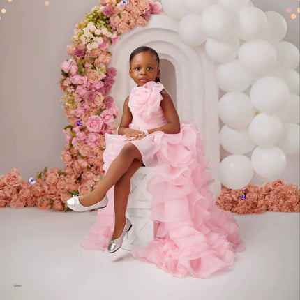 Baby Pink Girl's Birthday Dress Flower Girl Dresses Ruffled Tiered High Low Wedding Party Prom Dress Customized