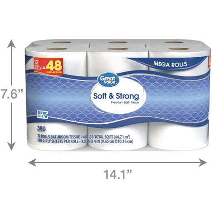 12 Mega Rolls 2‑Ply Unscented Toilet Paper, Septic‑Safe Soft & Strong Household Bath Tissue