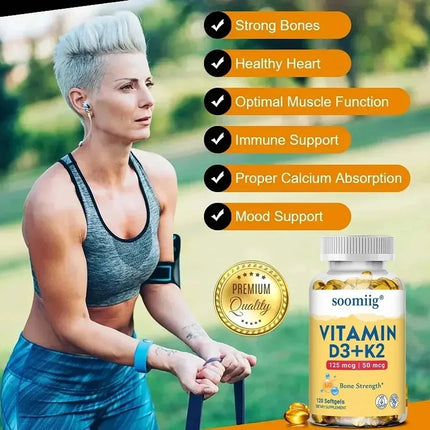 Vitamin K2+D3 Capsules - Supports Joint, Bone, and Immune System Health, Strengthens Bones, and Promotes Calcium Absorption
