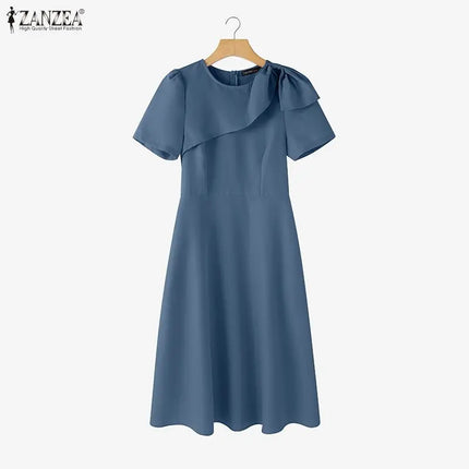 ZANZEA Women's Elegant Fit and Flare Party Dresses Bow Detail O-Neck Short Sleeve Wedding Guest A-Line Midi Dress Woman Clothes
