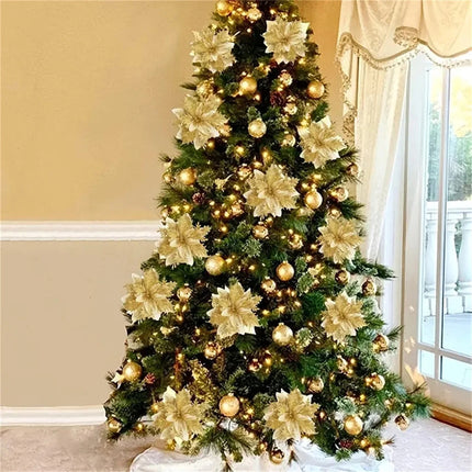 Glitter Artificial Flowers for Christmas Tree, Xmas Ornaments, Pink, Red, Gold, Home Decoration, 14.5cm