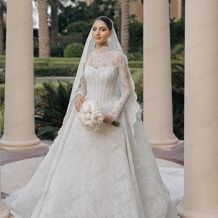 Lace Wedding Dresses High Neck Long Sleeve A Line Bride Dress Sweep Train Princess Bridal Gown Vestido De Novia Customized