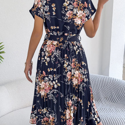 Elegant Floral Print A Line Dress with Belted Pleated Skirt Short Sleeve Women's Casual Dresses