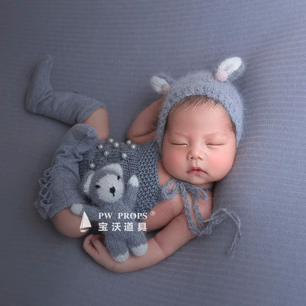 Newborn Knitted Angola Fuzzy Romper Baby Animal Outfit Photography Props Baby Cartoon Wolf Footed Overall Sets Photo Props