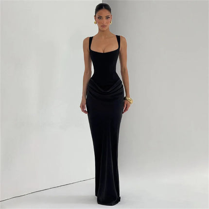Ladies' formal square neck sleeveless waist cinching design with pleated fish tail long skirt for dinner party slimming dress