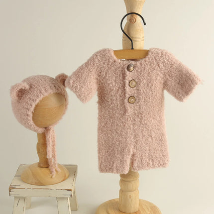Newborn Knitted Angola Fuzzy Romper Baby Animal Outfit Photography Props Baby Cartoon Wolf Footed Overall Sets Photo Props