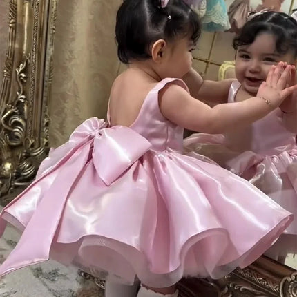 Wedding Mini Flower Girl Dress 2026 Satin Sleeveless Backless Bow Short Tutu Dress Baby Princess Dress Formal Party Dress Custom