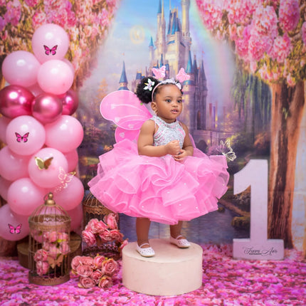 Pink Girls Birthday Party Dresses Customized High Neck Beading Flower Girl Dresses Baby Kids Gowns for Photo Shoot
