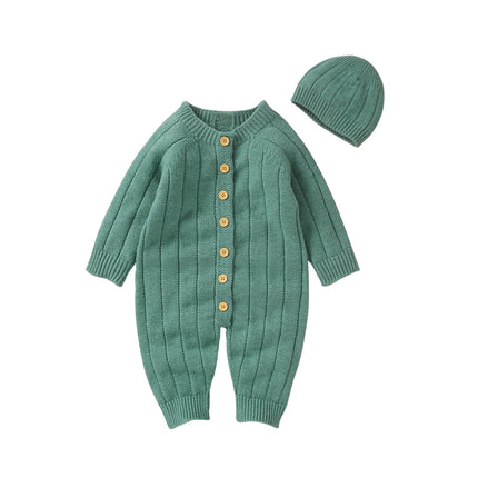2022-06-29 Lioraitiin Infant Winter Jumpsuit and Cap, Solid Color Long Sleeve Single-breasted Knitted Romper, 0-18 Months