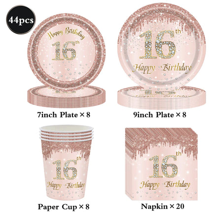 Rose Gold Sweet 16 Party Decoration Happy Birthday Plates Napkins Tablecloth Hello16 Balloon 16th Birthday Decorations for Girls