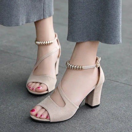 Women Suede High Heeled Shoes Summer 2026 New Woman Fashion Open Toe Sandals Beaded Buckle Solid High Heel Sandals Zapatos Mujer