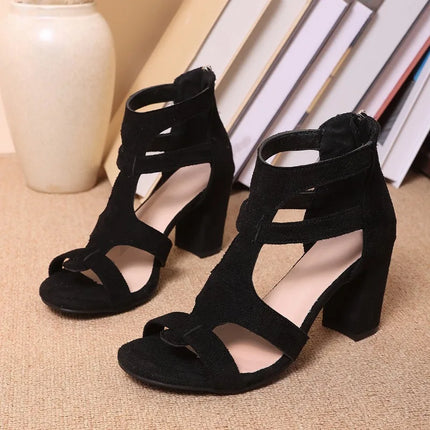 Round Toe Open Toe Suede Zipper Non-Slip High Heel Shoes for Women Summer New Roman Sandals