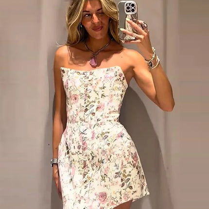 Sexy Women's Printed Bandage Strapless Short Dress Slim Waist Cinched Sleeveless Backless Lace Up Dresses 2026 Summer Lady Wear