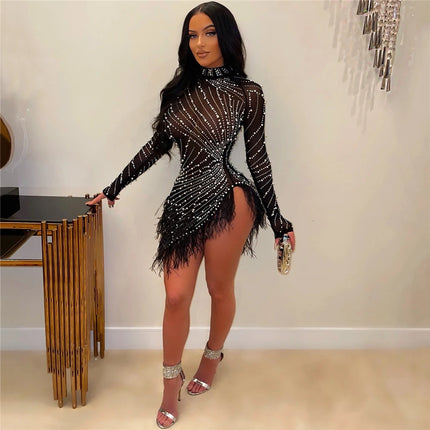 HBLL Sexy Pearls Rhinestone Party Dresses Women Elegant Nightclub Feather Birthday Dress Long Sleeve Mesh Sheer Bodycon Dress
