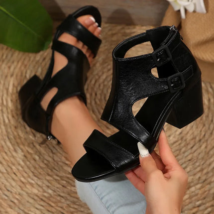 High-quality hot-selling High Heel Sandals Women's 2025 New Sexy Gladiator Black Square Buckle Thick Heel Fish Mouth