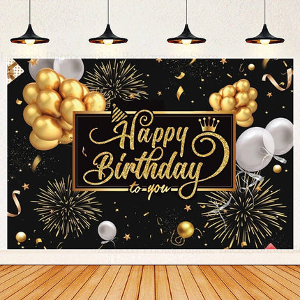 Happy Birthday Party Backdrops Black Gold Balloons Champagne Birthday Party Decor Banner Photography Background for Men Women