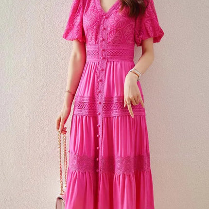 Short puff sleeve dresses Women 2025 Summer Solid V-neck Lace embroidery dress Patchwork Elegant 4D068