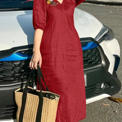 ZANZEA Women V Neck A-line Vestidos Solid Holiday Casual 2024 Summer Dresses Commute Half Sleeve Floral Embroidery Midi Dress