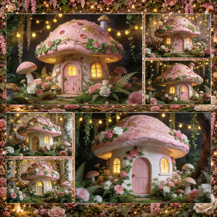 Pink Mushroom House Backdrop Enchanted Fairy Forest Floral Photography Background for Girls Birthday Baby Shower Party Decor