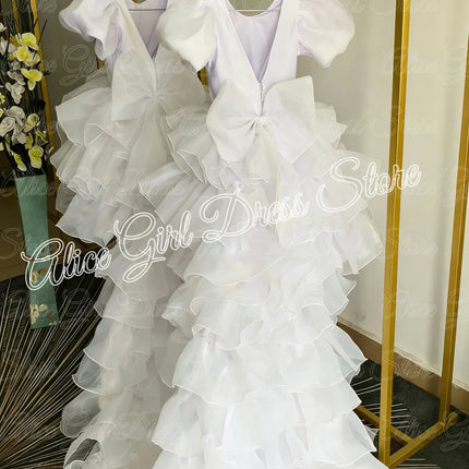Customized Pink Flower Girl Dresses for Wedding with Bow Layered Girl First Communion Sequins Baby Kids Birthday Party Gowns