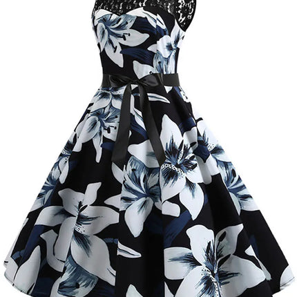 Floral Print Vintage Women Summer A Line Lace Party Dresses Robe Tunic Casual Office Ladies Dress