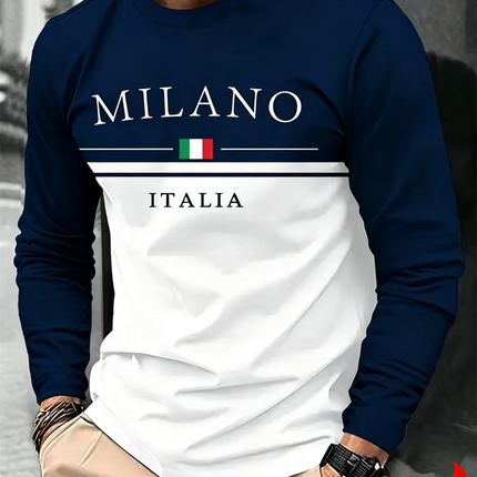 Italia Milano Letter Pattern Print Men T-Shirt Fashion Spring and Autumn Long Sleeve Casual Top Male O-Neck Loose Streetwear Tee