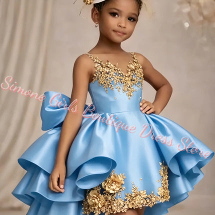 Customized Applique Flower Girl Dress For Wedding Satin Puffy Ruffles Baby Kids Birthday Party First Communion Ball Gown