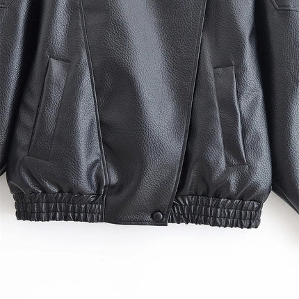 Women's Jacket 2026 Autunm  New Black Long Sleeve Pebble Faux Leather Jacket Motorcycle Style Personality Fashion