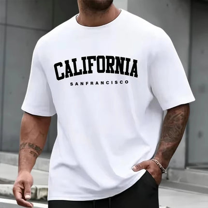 Men's Summer Round-Neck Casual Relaxed-Fit Short-Sleeve T-Shirt with California Letter Print Comfortable Short-Sleeve Top