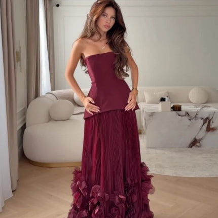 Elegant Banquet Strapless Maxi Dress 3D Floral Pleated Train Hem Waist Tie Solid Gown Luxury Flowy Sleeveless Gala Party Outfit