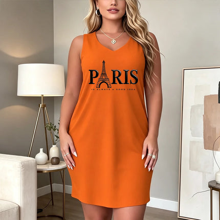Plus-size women's V-neck sleeveless dress, Paris Eiffel Tower letter logo French print casual loose summer dress