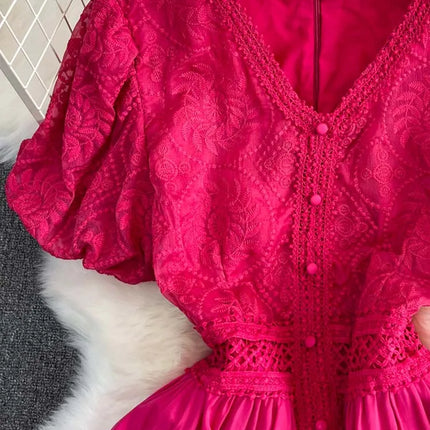 Short puff sleeve dresses Women 2025 Summer Solid V-neck Lace embroidery dress Patchwork Elegant 4D068