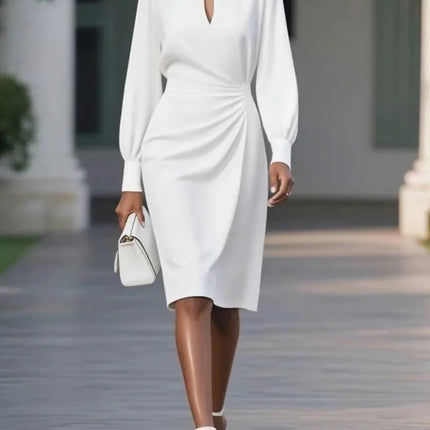 2025 Autumn Elegant Solid Pleated O-neck Hollow Long Sleeve Dress Office Lady Temperament Midi Dresses Women's Clothing Vestidos