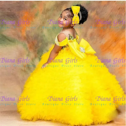 Quality Lovely Flower Girls Dress Tulle Tiered Ruffles With Big Bow Back Floor Length Kids Wedding Birthday Party Ball Gowns