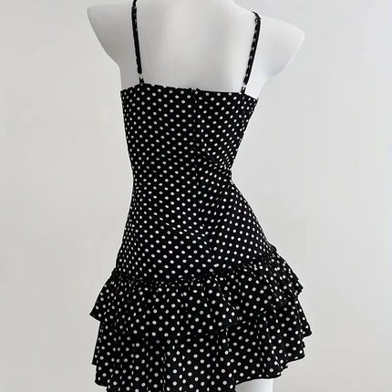 Y2K Summer Women Fashion Black V-neck Lace Trim Sweet Polka Dot Dress 2000s Elegant Spaghetti Strap Bodycon Mini Dresses Clothes
