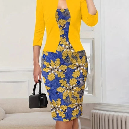 2026 New style fake two-piece slim dress seven-quarter sleeve short coat splicing printed bag hip pencil skirt