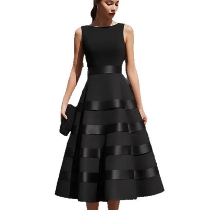 New Fashion Black Party Dress Spring Summer Women's Sleeveless O-neck Patch Designs Elegant Prom Maxi Dresses For Women Vestidos