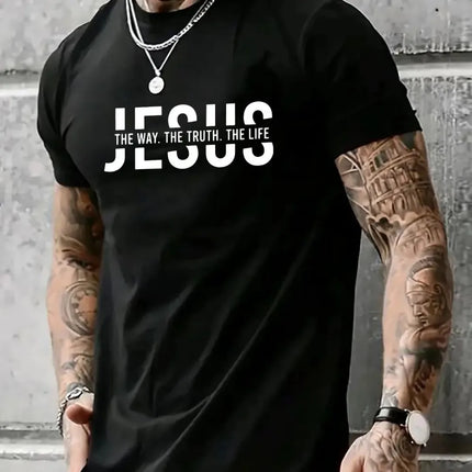 Summer men's polyester fiber casual loose round neck T-shirt Jesus Way Truth Life letter printed outdoor sports top