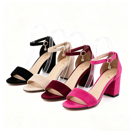 Elegant Women's Suede Block Heel Sandals Ankle Buckle Strap with Pendant Plus Size 32-43 4 Colors 547