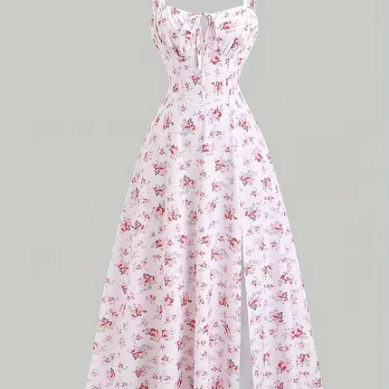 Y2K Summer Sweet Sleeveless Long Slit Lace Up Women Fashion Bandage Camisole Padded Boned Robe Elegant Party Vestidos Dresses